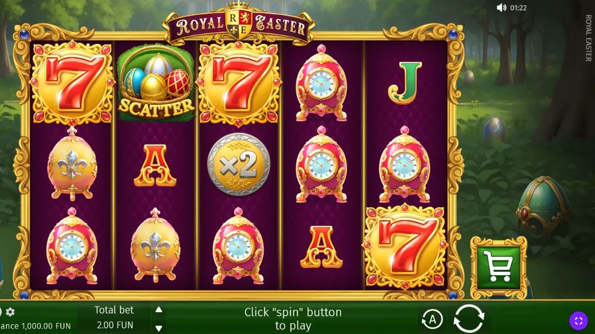 Tampilan visual mewah dari slot Royal Easter dengan telur Fabergé dan latar belakang taman istana.