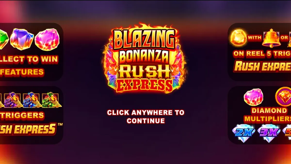 Blazing Bonanza Rush Express slot game interface featuring mining tools and golden train symbols