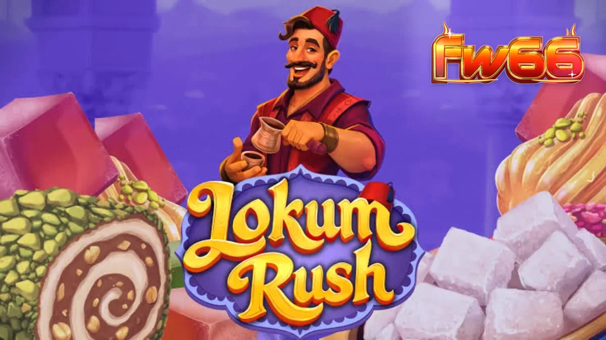 Tampilan visual slot Lokum Rush dengan tema manisan Turki yang penuh warna